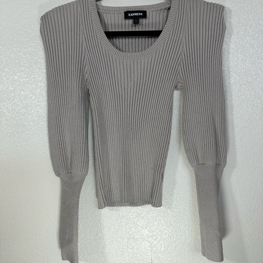 Express Gray Ribbed Scoop Neck Sweater with Puff Shoulders